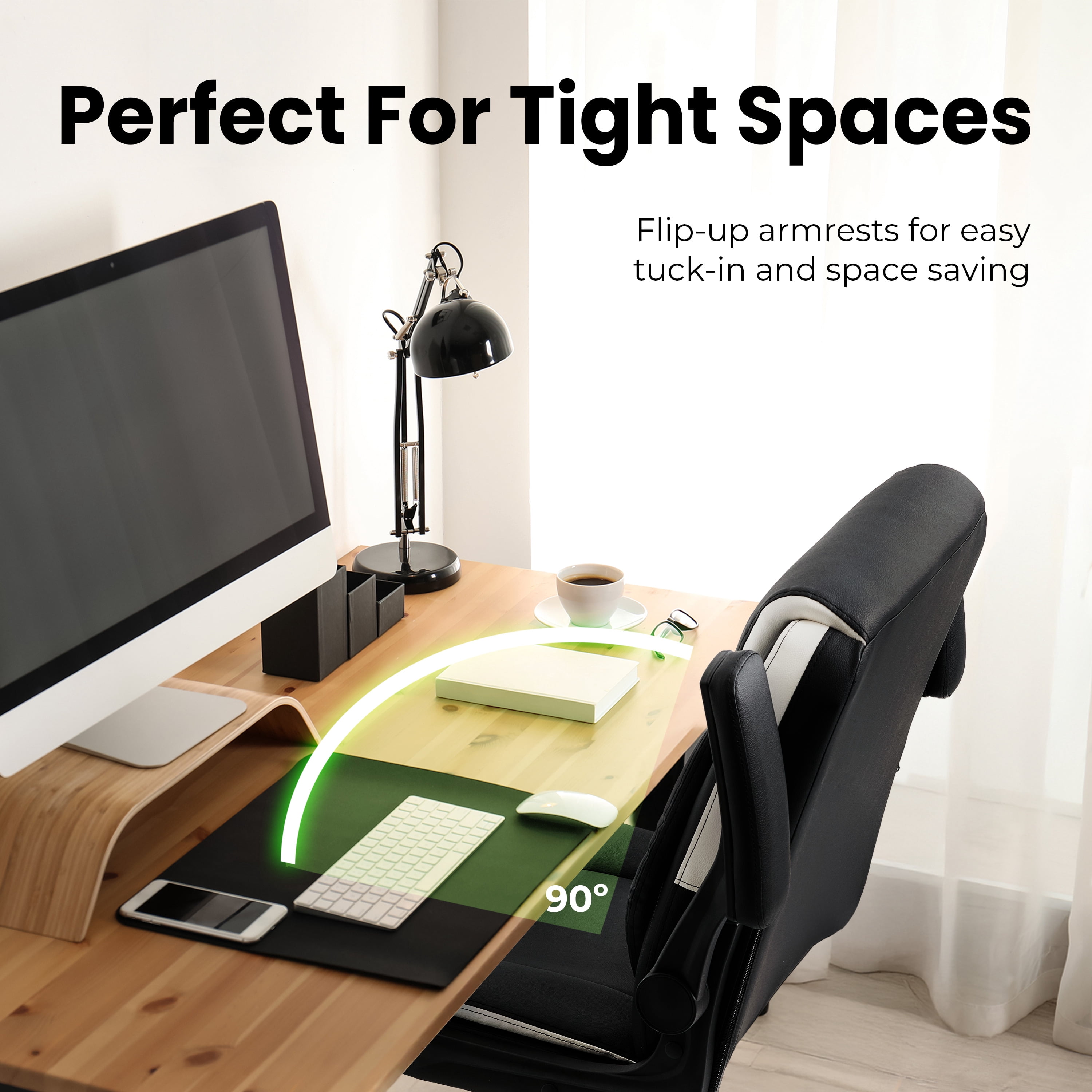 NEO CHAIR Desk Office Gaming Computer Chair Ergonomic Executive Mid-Back Leather with Adjustable Padded Flip-Up Armrests Cushion Wheels Swivel for Home Study Task (Black White)