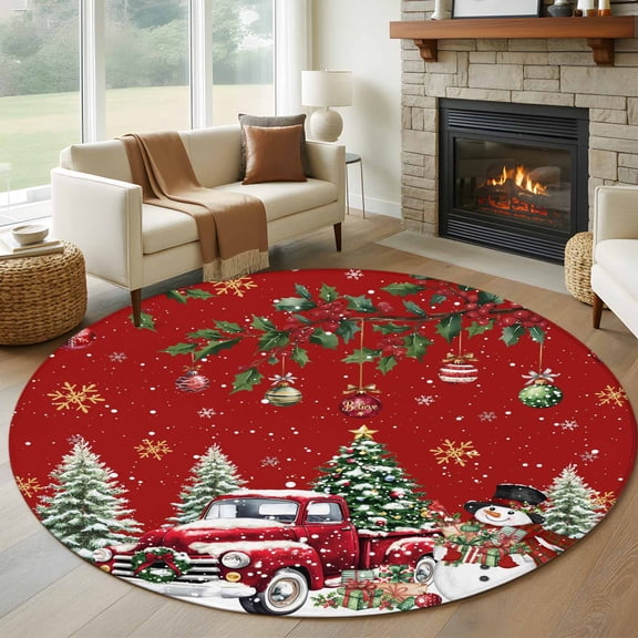 Round Rugs 7 Ft, Red Christmas Non Slip Area Rugs for Kitchen Bedroom Entryway, Snowman Truck Xmas Tree Ball Snowflake Winter Washable Carpet Runner Rug Floor Mats for Bedroom Home Decor