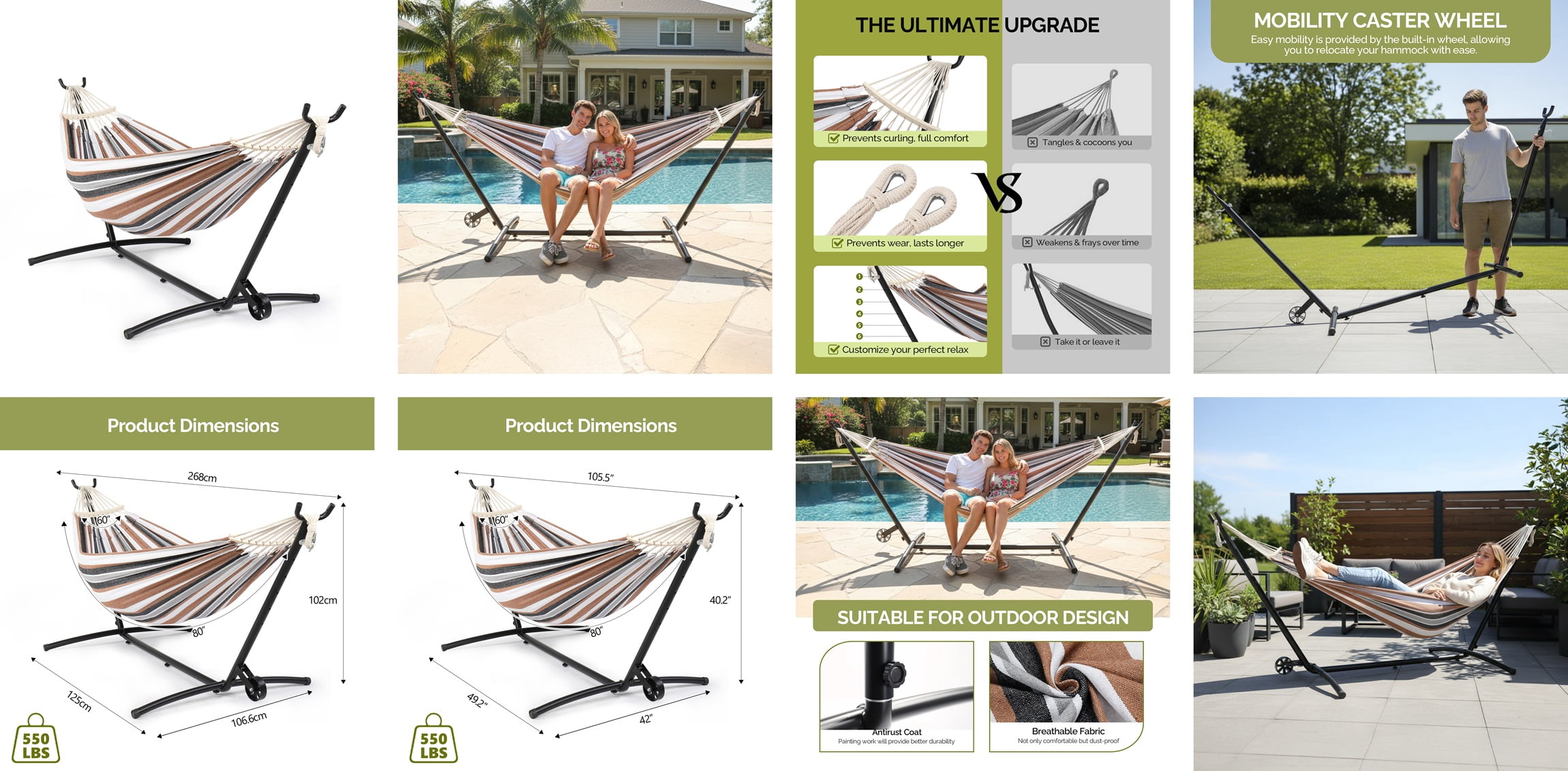 All-in-One Hammock Set with Wheeled Steel Stand, 440 lbs Capacity with Anti-Roller Spreader Bar, Cotton Canvas Hammock Set Tool-Free Assembly with Carry Bag for Indoor Outdoor Patio Yard Camping