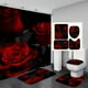 thumbnail image 1 of Juego de cortinas de ducha con rosas rojas, tapetes y ganchos, juego de baño de 4 piezas con tapetes suaves, tapa de inodoro, tapete y cortina impermeable, cortinas de ducha de tela rosa con tapetes., 1 of 5