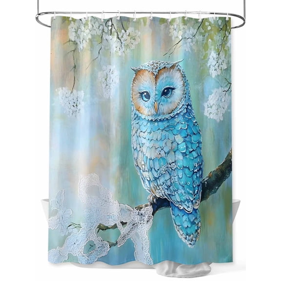 Fsddascl Blue Owl Shower Curtain Set - 66" x 72" Washable Bathtub Curtain with 12 Hooks, Watercolor Flower Bird on Branch Waterproof Fabric Stall Shower Curtains for Bathroom/Bathtub Décor