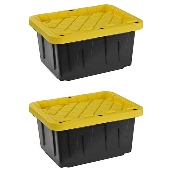 Multipurpose 5 Gallon Lockable Plastic Storage Tote with Secure Snap Fitting Lid for Home Organization, Black/Yellow (Set of 2)