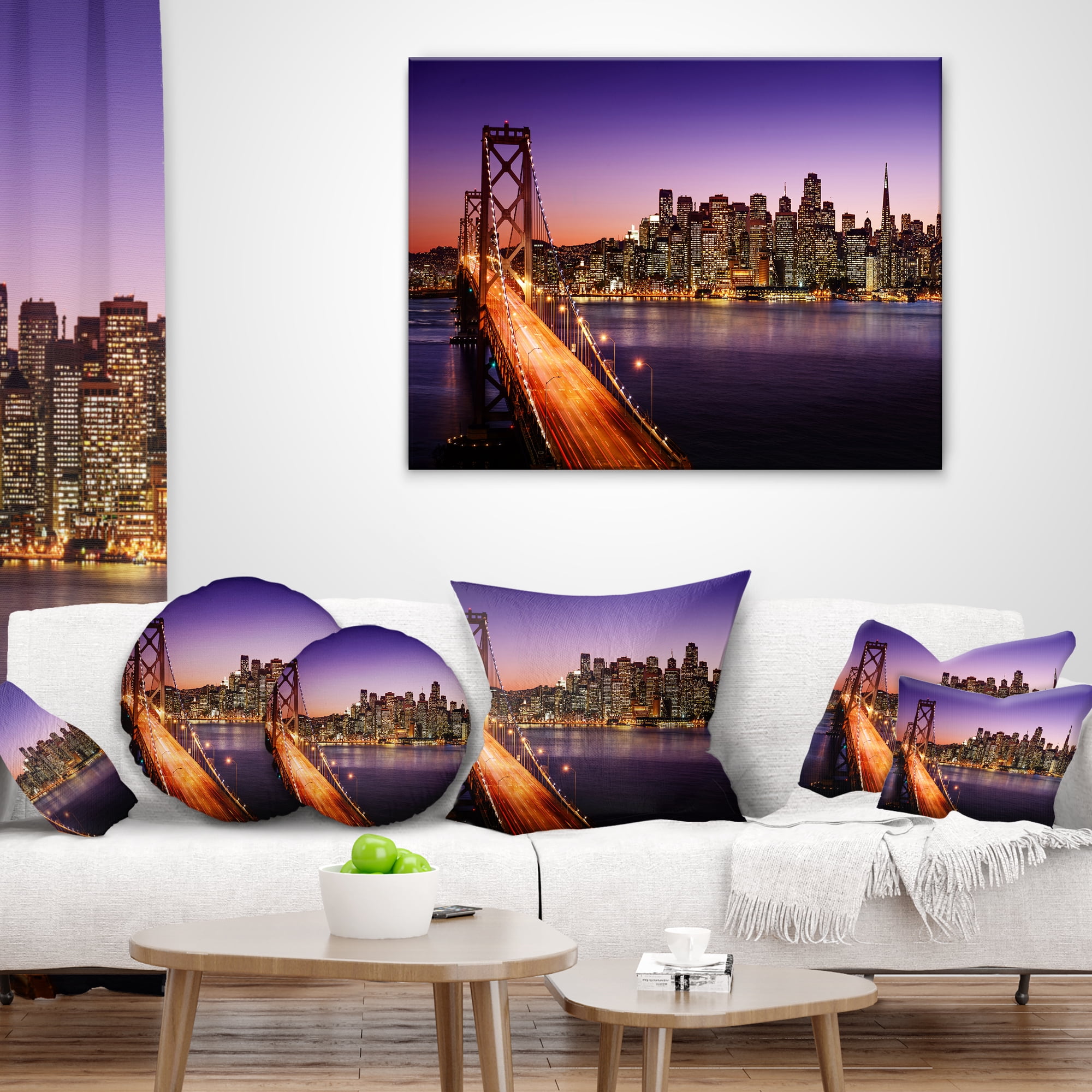 Designart San Francisco skyline and Bay Bridge - Sea Bridge Throw Pillow - 18x18