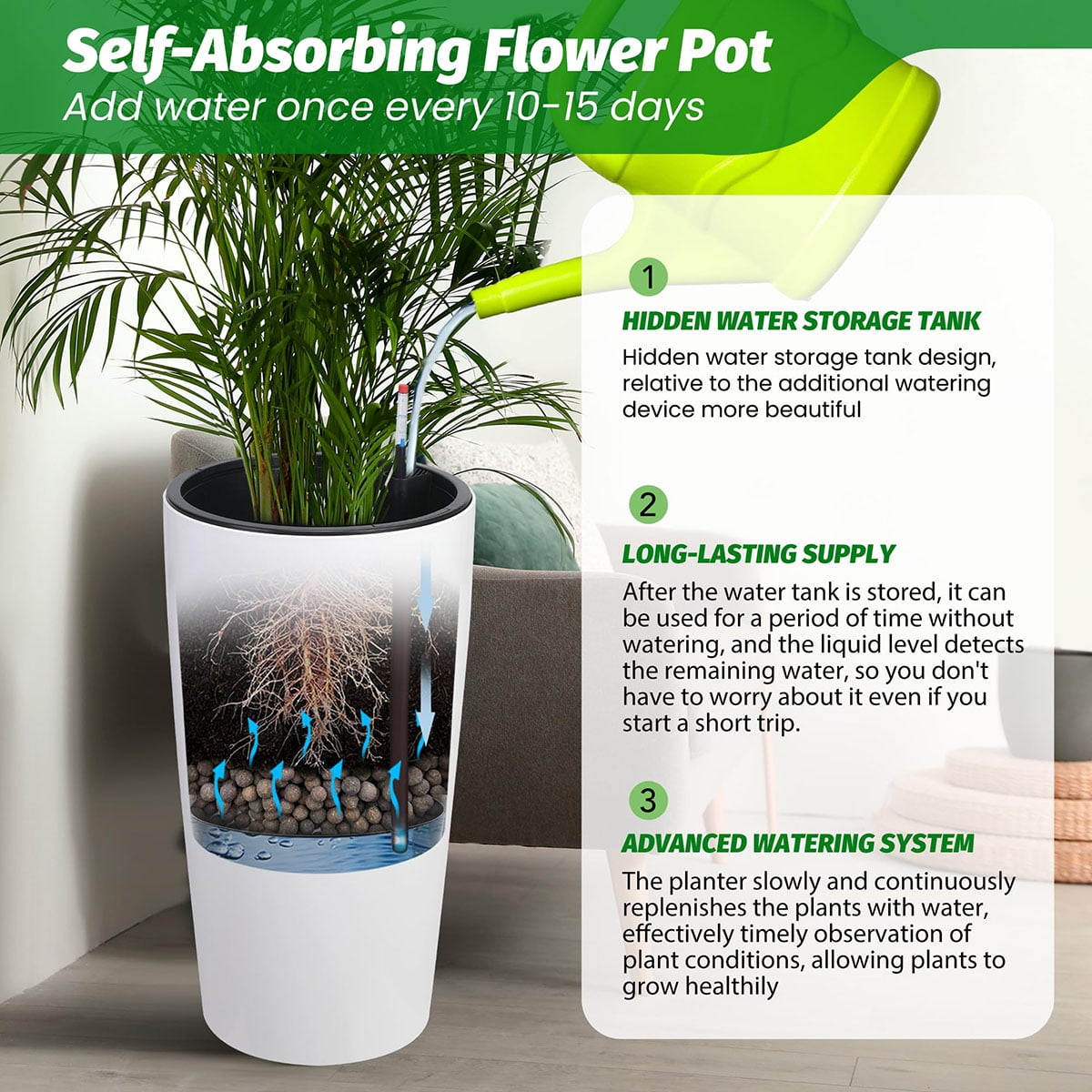 Ataucjin 30 inch Tall Planter Set of 2, Self Watering Pots with Drain Holes, Water Level Monitor & Inner Bucket, Indoor Outdoor Large Flower Pots, Automatic Watering, for Patio, Balcony, Living Room