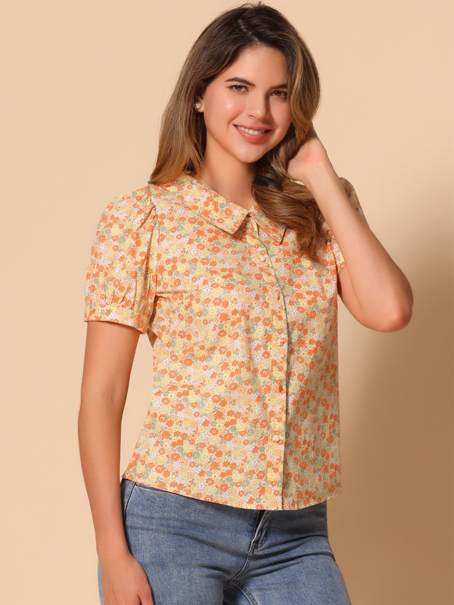 DARING DIVA Women's Turndown Collar Button Down Floral Blouse L Orange