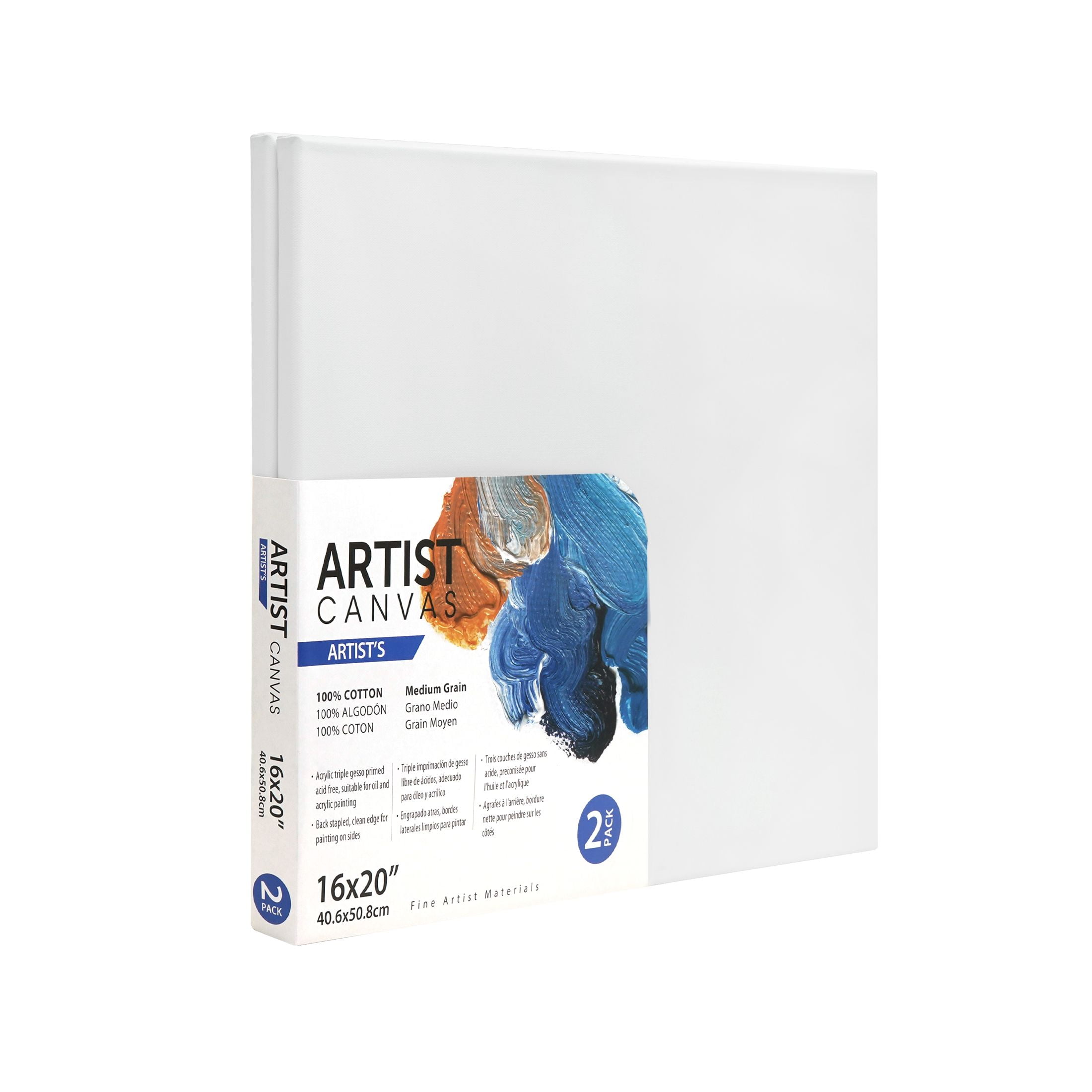Artist Stretched Canvas, 100% Cotton Acid Free White Canvas, 16"X20", 2 Pieces