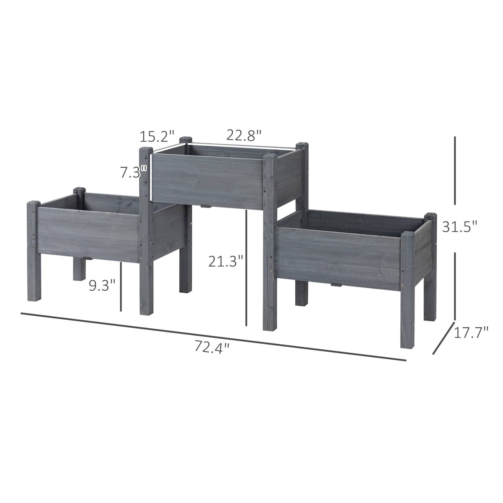 Raised Garden Bed with 3 Planter Box, Elevated Wooden Plant Stand with Drainage Holes, for Vegetables, Herb and Flowers, Gray