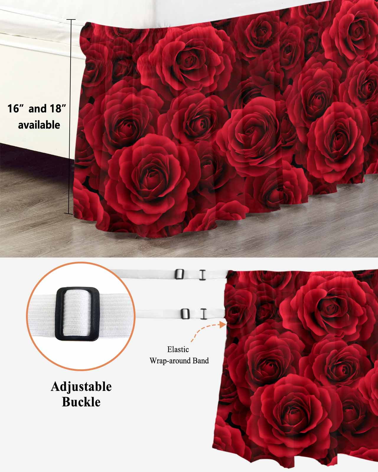 Valentine's Day Bed Skirt Queen Size 16 Inch Drop, Modern Romantic Dark Red Roses Petal Floral Plant Adjustable Elastic Dust Ruffles Bedskirt for Queen Bed Wrap Around Pleated Mattress Frame Cover