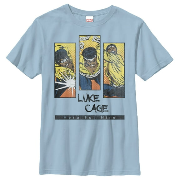 Boy's Marvel Heroes for Hire Luke Cage Panels  Graphic Tee Light Blue Medium
