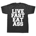 thumbnail image 1 of Camiseta de algodón con estampado gráfico de manga corta para regalo de cumpleaños, ideal para verano, con frase divertida "Vive, come, rápido", 1 of 7