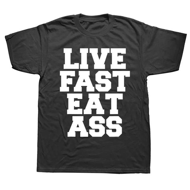 Camiseta de algodón con estampado gráfico de manga corta para regalo de cumpleaños, ideal para verano, con frase divertida "Vive, come, rápido"