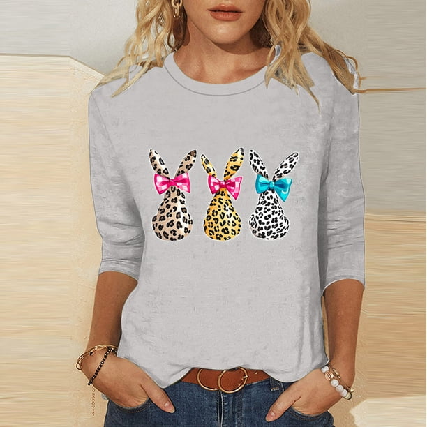 TaTaai Women Spring Casual T-Shirt Easter Themed Print Crew Neck Three Quarter Sleeve Loose Fit Pullover Top Ladies Daily Outdoor Street Wear Lightweight Non-See-Through Top Gift