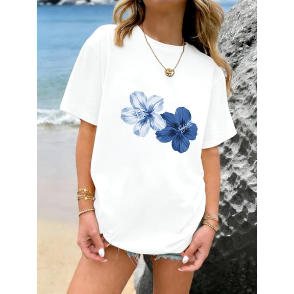Summer Beach Casual Tee, Two Shades Blue Hibiscus Flower Tropical Floral Print Crew Neck Short Sleeve T-Shirt for Vacation