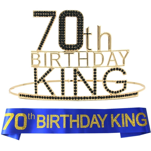 70th Birthday King Crown & Sash Set - Majesty Gold & Black Metal Crown Blue & Gold Sash, Theme Party Gifts