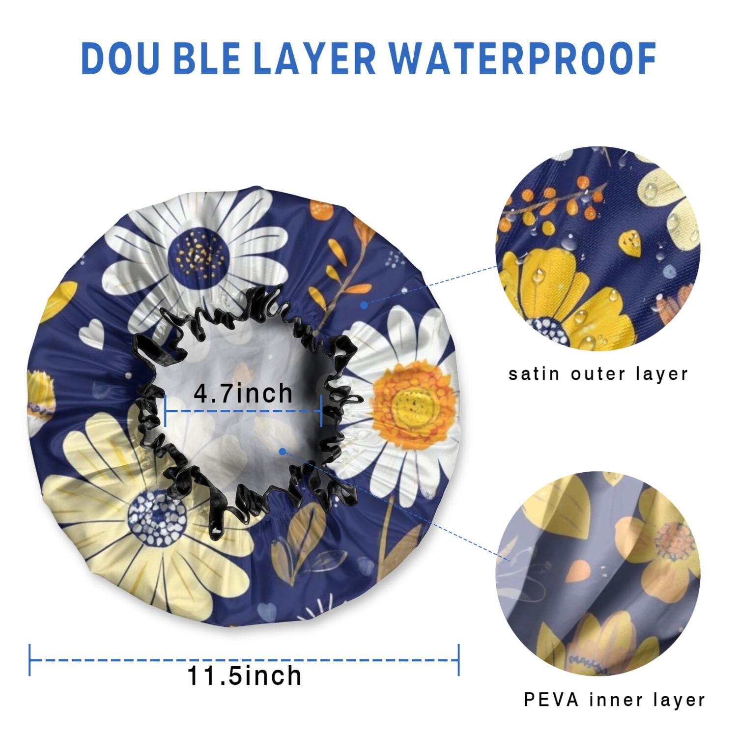 Shower Caps,Pioneer Flower Floral Print Pattern Waterproof Shower Cap for Women 4 Pieces,Double Reusable Hair Cover for Shower PEVA Elastic Stretch Hem