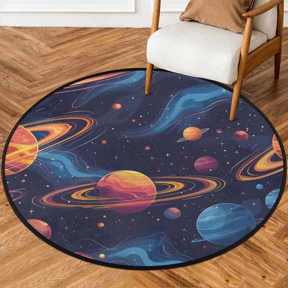 CURLYOOT Round Rug 3ft Space Themed Area Rug, Washable Circle Mat Non Slip Floor Carpet Mat, Space Themed Soft Indoor Rugs for Entryway Living Room Dining Room Bedroom