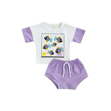 

Canrulo Newborn Infant Baby Girl Clothes Short Sleeve Cartoon Print T-Shirt Top Solid Jogger Shorts Summer Outfits Purple 0-3 Months