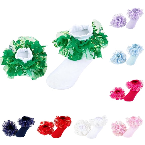 Ticikt Girls Thin Cotton Mid‑Calf Socks, Sequin Lace Ruffle Frilly Princess Socks for Performance Party Daily Dress‑up,Green