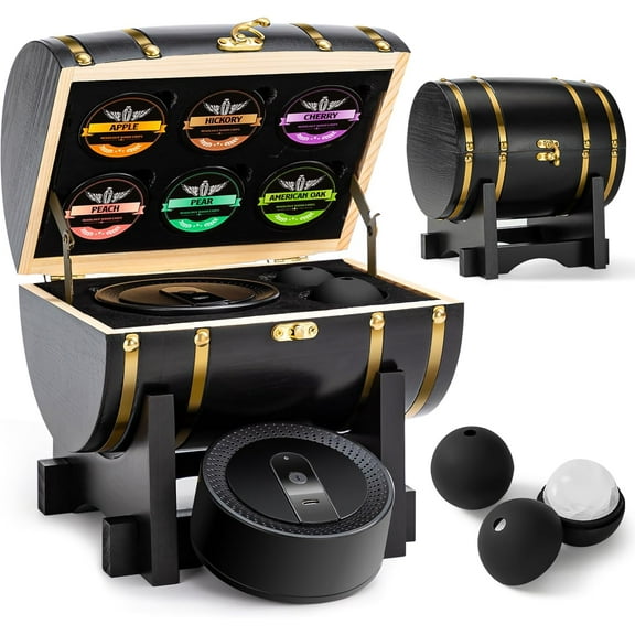 Electric Whiskey Smoker Kit with Wooden Display Barrel, Rechargeable Cocktail Smoker Kit with 6 Premium Wood Chips for Old Fashioned & Whiskey – Bar Gift for Men, Dad, Husband (No Butane Needed)