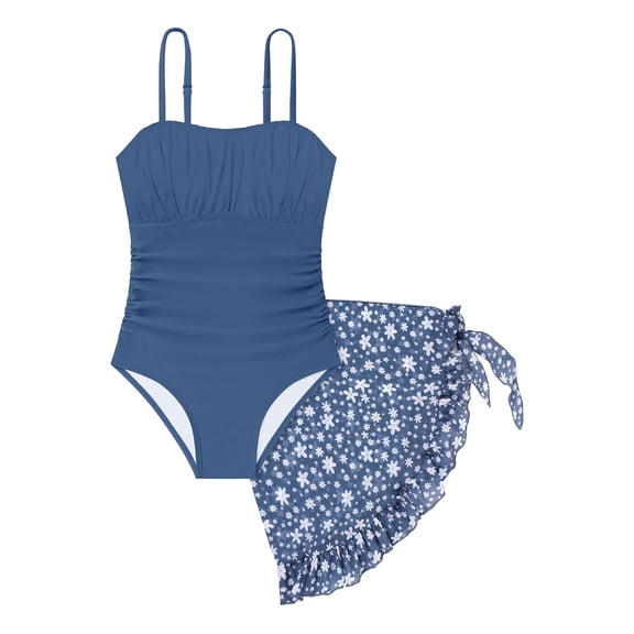 Curuila Kids Girls One Piece Swimsuit Straps Solid Color Square Neck Tops With Printed Cover Up Casual Fashionable Swimwear For Swim Beach Navy Size 15-16 Years