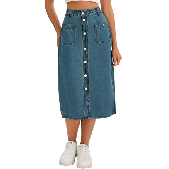 INSPIRE CHIC Women's Denim Skirt Button Down Front Slit with Pockets High Waist Pencil Skirt Midi Jean Skirts S Retro Blue