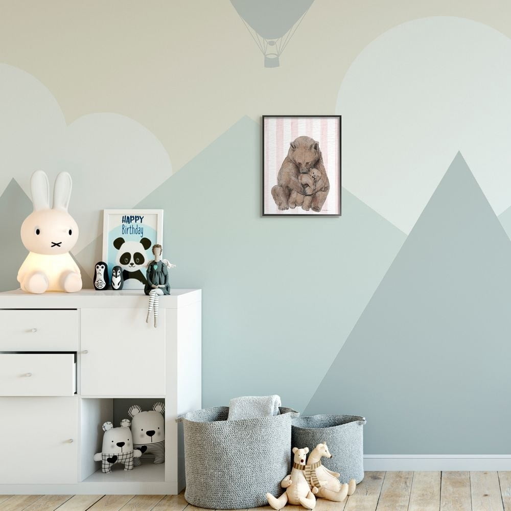 Stupell Industries Playful Mother Bear and Cub Pink Stripe Nursery Illustration Framed Wall Art Design by Daphne Polselli, 11" x 14", Gray Framed