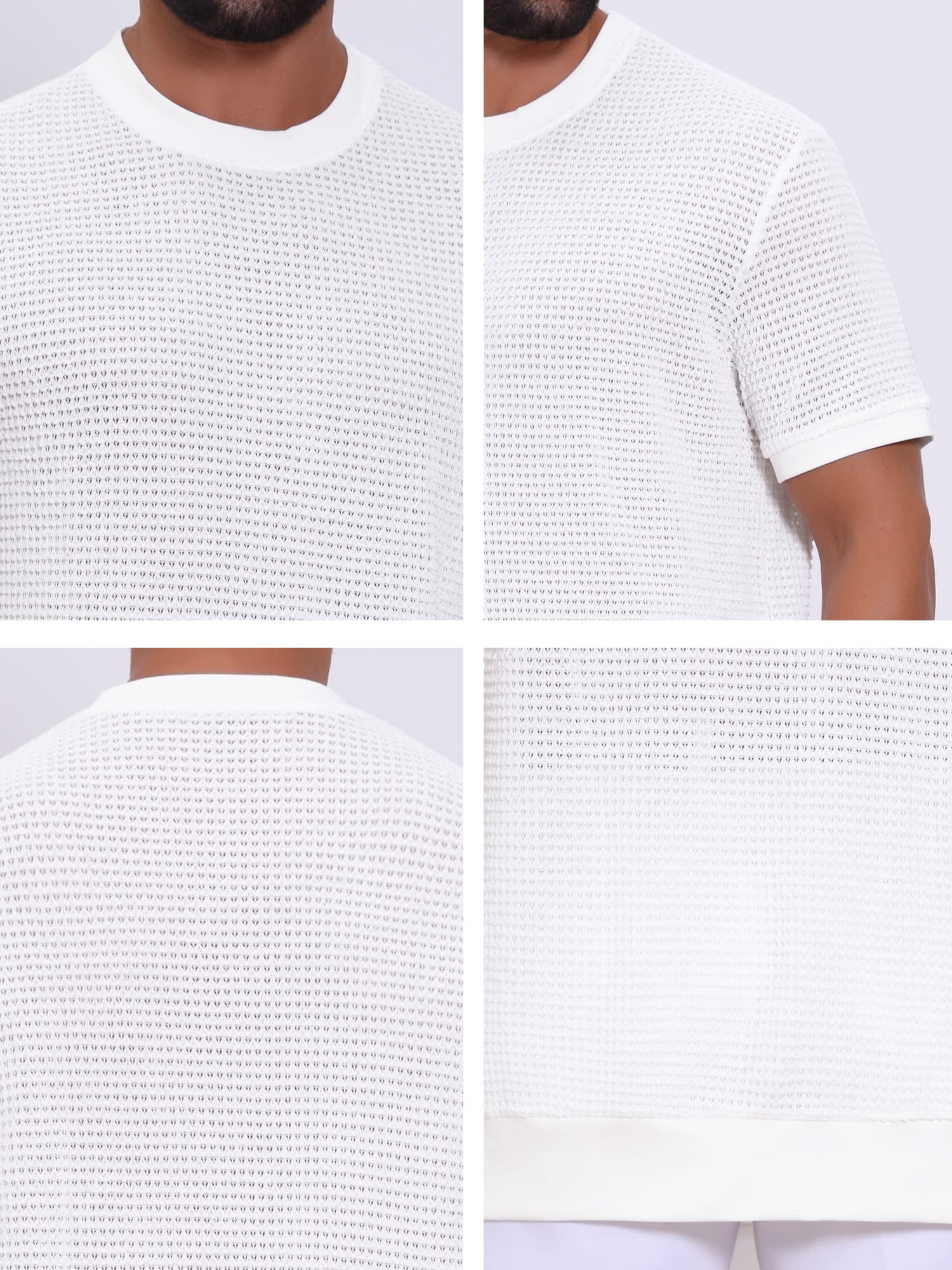DARING DIVA Men's Waffle Short Sleeve Crew Neck Solid Knitted T-Shirt M White