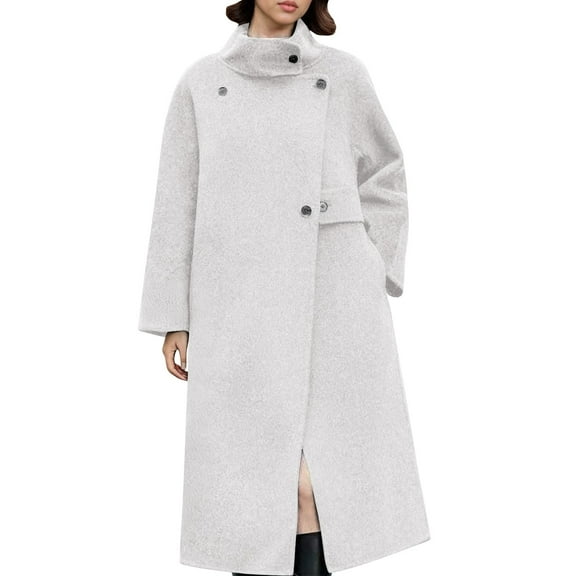 Women's Trench Coat Woolen Stand Collar Button Down Long Sleeve Jackets Thermal Comfy Casual Overcoat With Pockets (XL, White)