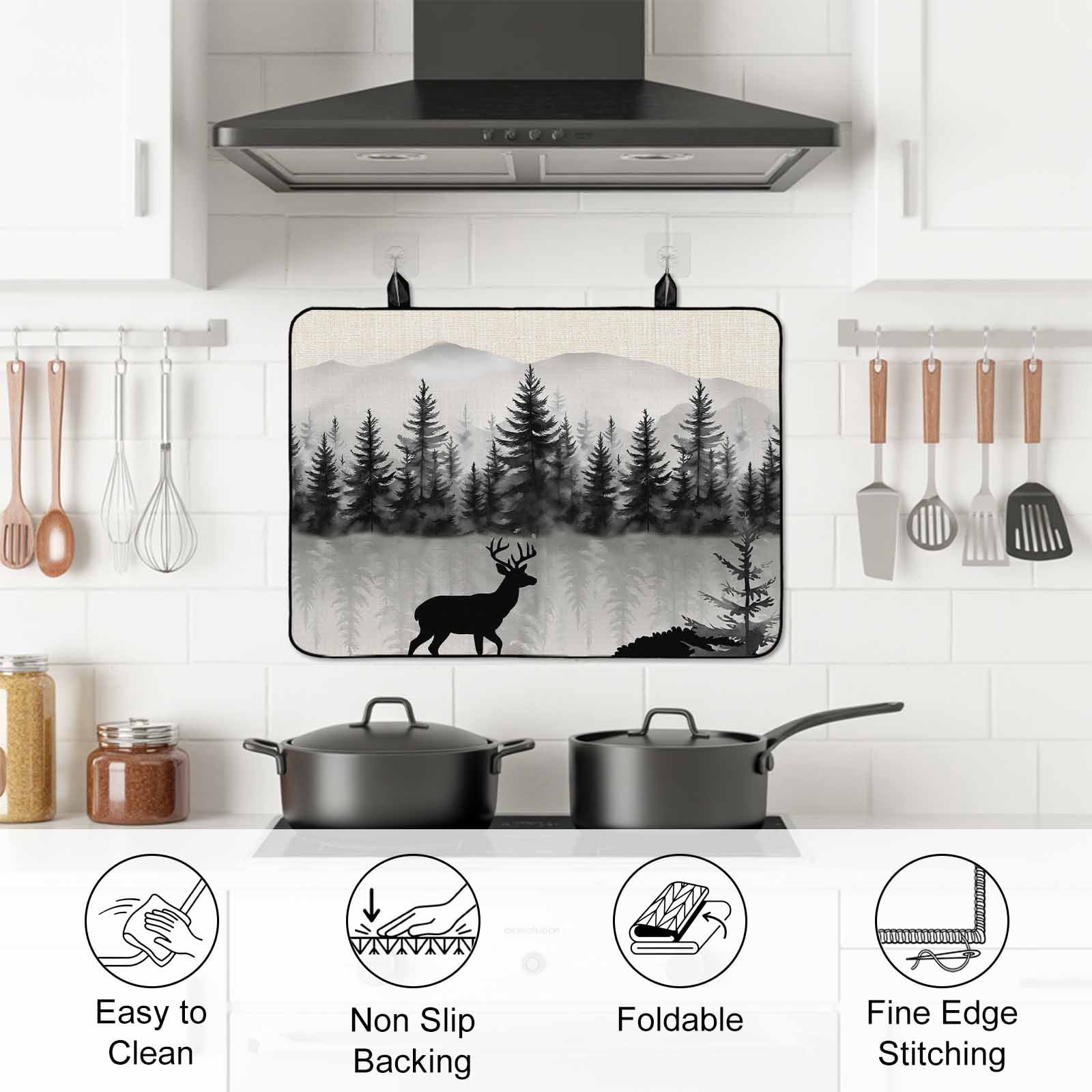Deer Forest Stove Top Cover for Electric Stove, Heat-proof & Non Slip Glass Top Stove Cover Protector, Farmhouse Vintage Nature Trees Mountain Kitchen Flat Cooktop Rubber Mat 24x21 Inches