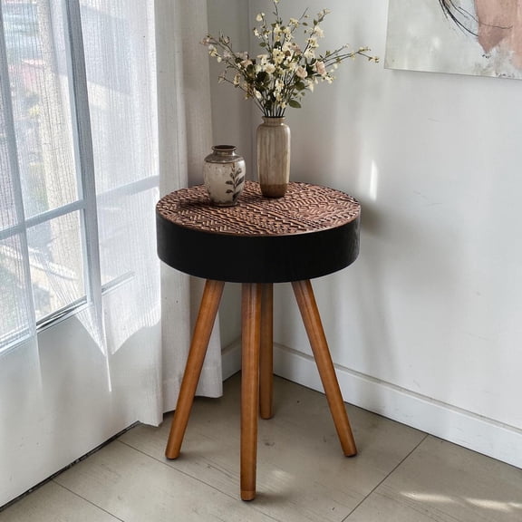 GZXS Modern Boho Round End Table, Two-Tone Accent Side Table with Carved Top, Sturdy Solid Wood Legs, 100 lbs Load Capacity, Easy Assembly, 15.75" Dia x 22.05" H, Black Brown