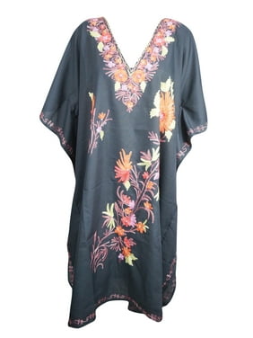 Mogul Womens Maxi Caftan Cotton Embellished BEIGE Floral Stylish Resort Wear Kimono Lounger Cover Up Kaftans One Size