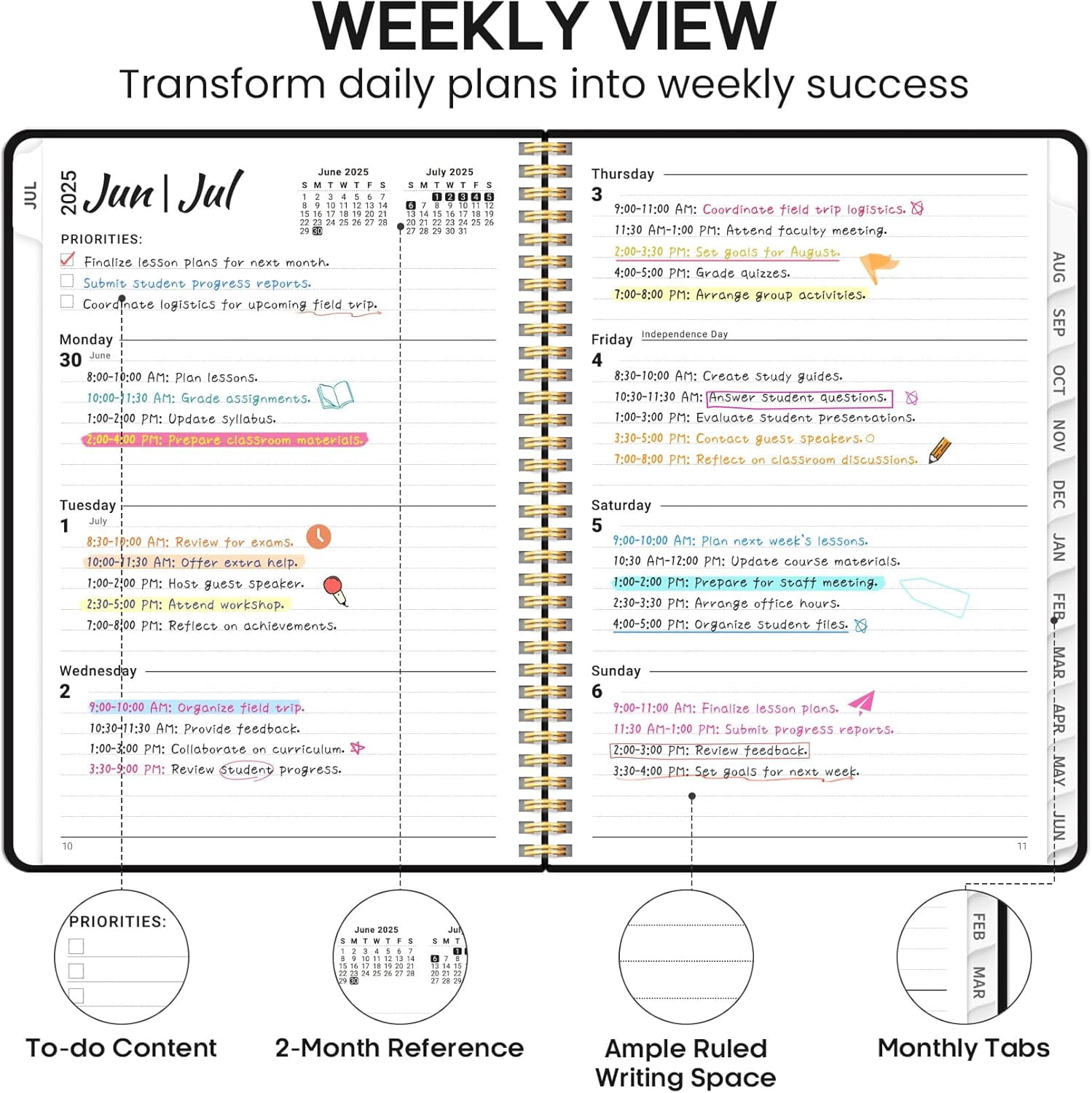 Academic Planner 2025-2026, Weekly and Monthly Calendar Planner Book, July 2025 – June 2026, Hardcover Organizer with Tabs, Perfect for Teachers, Students, Women & Men, A5 (6.4" x 8.5") - Pink