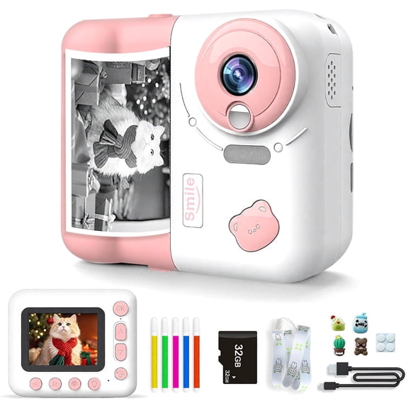 Portable Kids Instant Digital Camera 1080P HD Printing Camera Includes Color Pens, 3 Rolls Printing Paper and 32G TF Card, Ideal Christmas Birthday Present for Girls