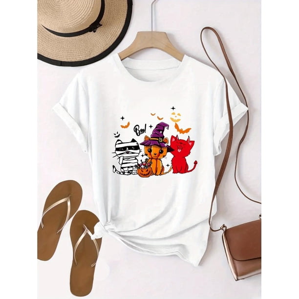 Women's Halloween T-Shirt with Cute Cats, Pumpkins, witches Hats - Soft everyday & Halloween Party outfit - Machine Washable Top for Women, Halloween Clothes, Festive apparel, Whimsical Cat Design