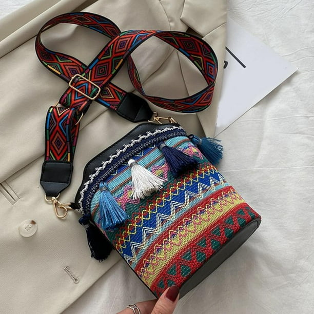 Bolso de hombro bordado para mujer bandolera Hippie con borlas monedero multifuncional portatil para compras en la playa durante la Negro Yinane Bolso Bandolera Hippie Walmart en linea