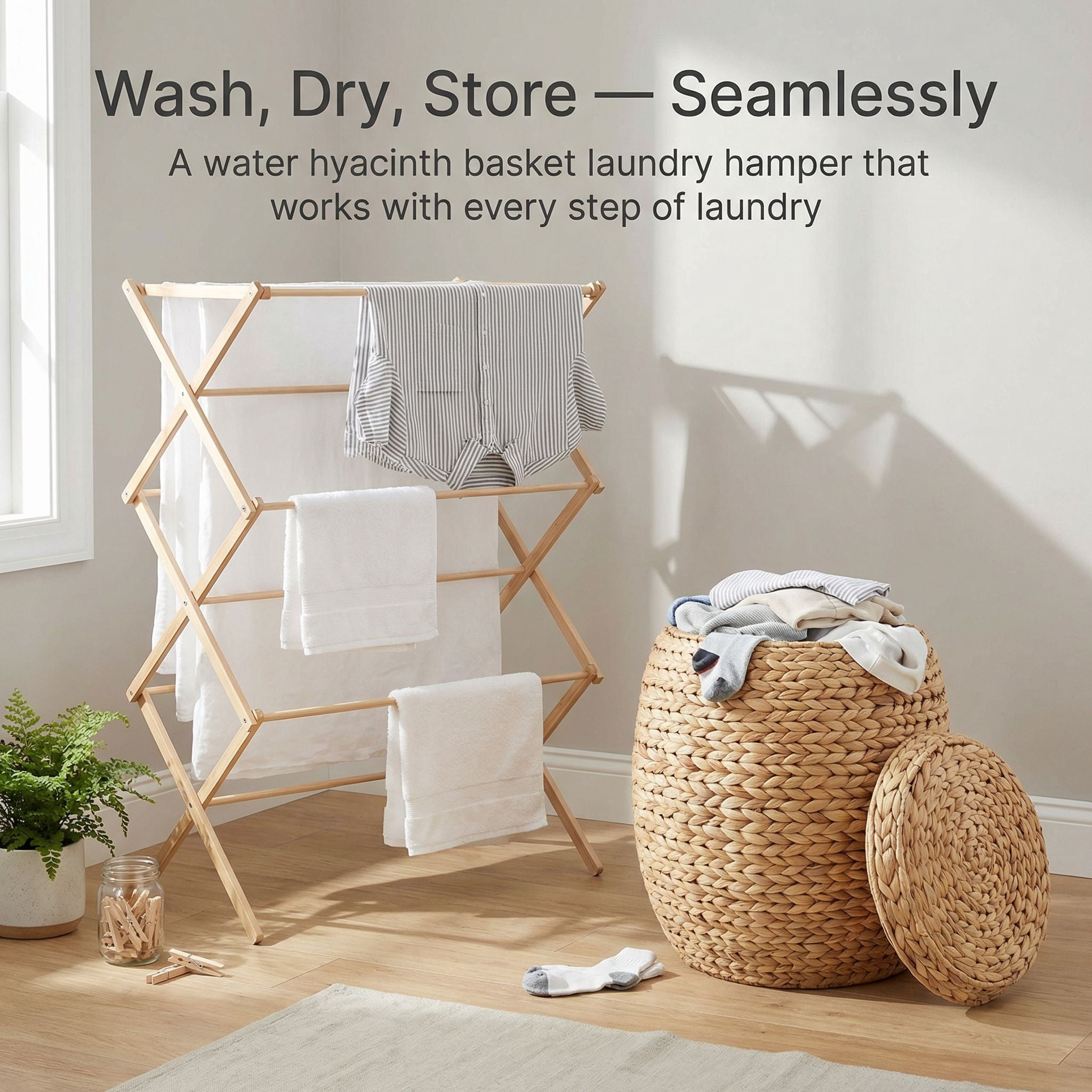 DEILSY Natural Round Water Hyacinth Storage Basket with Lid - Multipurpose Woven Storage Basket, Decorative Round Woven Basket for Living Room, Closet, Bedroom, Bathroom or Laundry