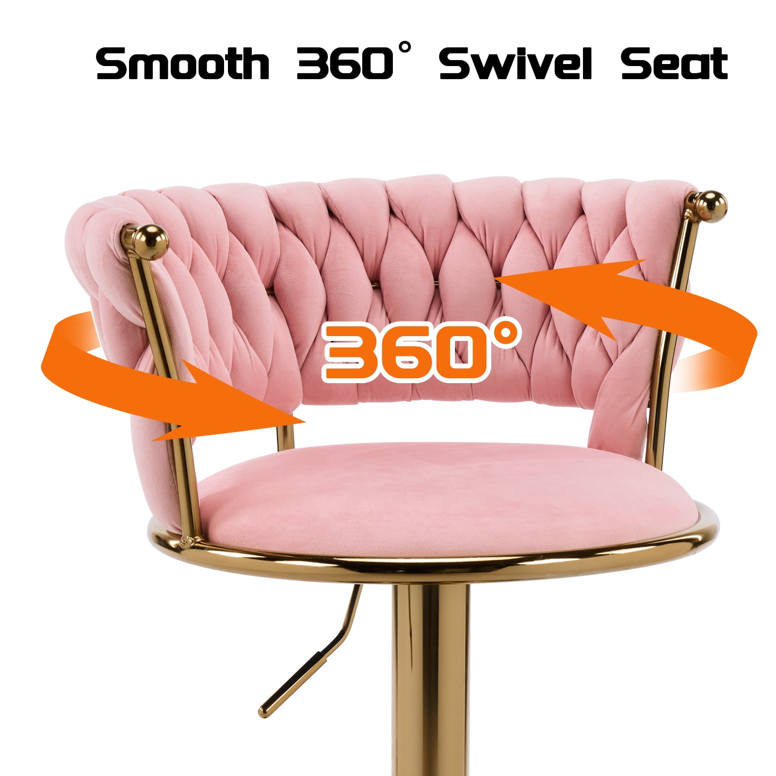 Swivel Velvet Bar Stools Set of 2, Adjustable Height Barstools with Woven Back and Footrest for Kitchen Island, Dining Room, Pink