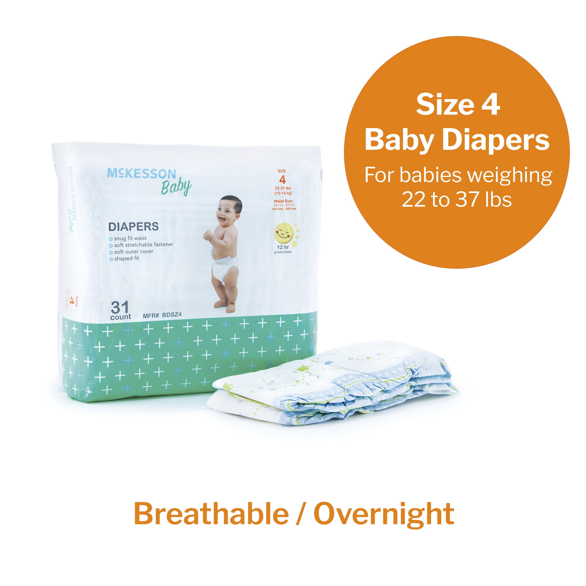 McKesson Unisex Breathable Overnight Baby Diapers, 12-Hour Absorption, Size 4 - 22 to 37 lbs, 31 Count, 4 Packs, 124 Total