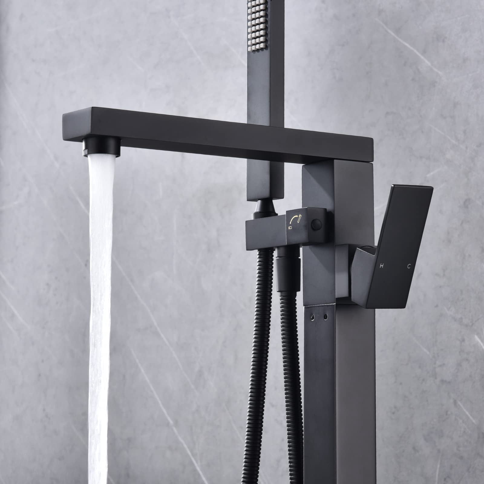 Dawot Floor Mount Bathtub Faucet, 2 Function Brass Matte Black Bathroom Freestanding Tub Filler Single Handle with Hand Shower