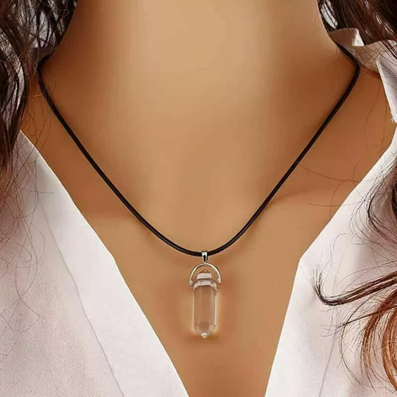 EOEMY Natural Clear Quartz Crystal Point Wand Chakra Pendant Necklace Silver Plated