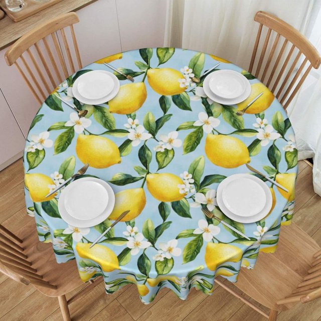 Round Tablecloth Lemon Watercolor Flower 60 Inch Table Cover for Dining Polyester Cloth with Scalloped Edges Stain Resistance Kitchen Picnic Party Restaurant Decoration