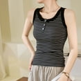 thumbnail image 7 of Charella Women's Striped Tank Tops Summer Trendy Henley Sleeveless Slim Fit Shirts Casual Crew Neck Button down Blouses (M, Black), 7 of 7