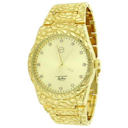 Mens Watch 14k Yellow Gold Finish Gold Nugget Bracelet Style Lab Created Cubic Zirconia with Gold Dial Diamond Cut Metal