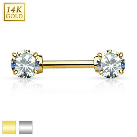 14K Gold Nipple Bar 14g 12mm Double Prong CZ Gems
