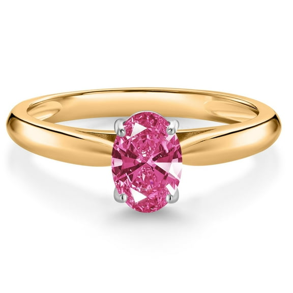 Gem Stone King 10K Yellow Gold Pink Zirconia Solitaire Engagement Ring for Women (0.76 Cttw, Oval 7X5MM, Gemstone Birthstone, Size 8)