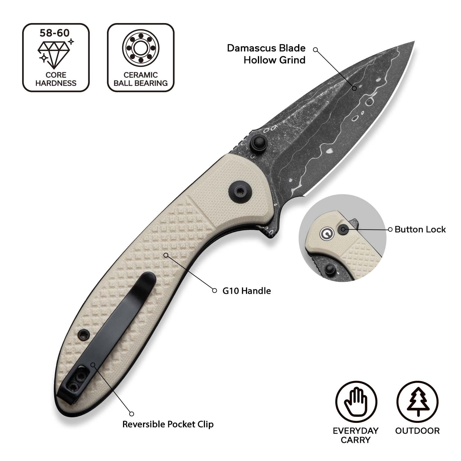 CIVIVI Faeger Button Lock Pocket Folding Knife with 2.98" Damascus Blade , Black Aluminum Handle C24031-DS1