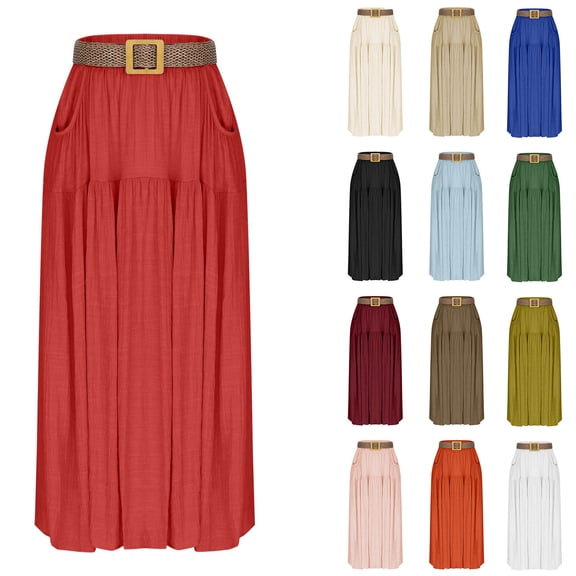 Miluxas Women Boho Style Pleated Skirts Elastic Waist Flowy Swing A-line Ankle Skirts with Pockets & Belts White