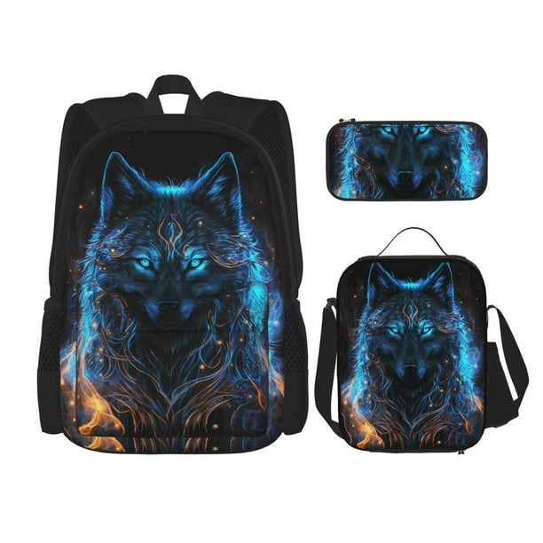 Disketp Cool Blue Light Wolf Mochila Estampada de Gran Capacidad con Lonchera y Estuche, Set de 3 Piezas para Estudiantes