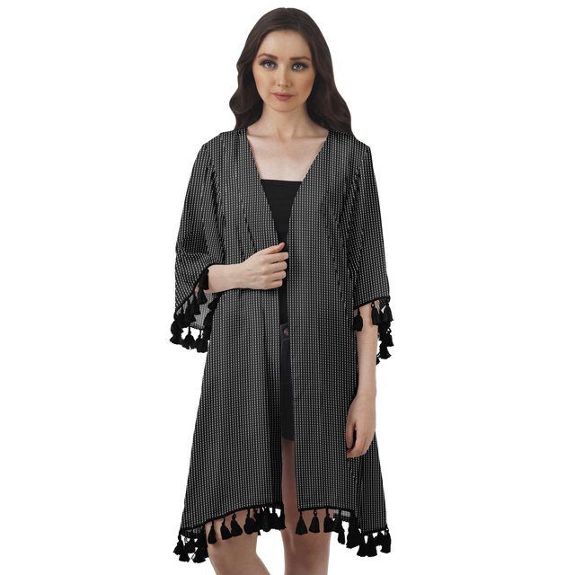 Moomaya Front Open Printed Shrug 3/4 Sleeve Georgette Beach Cover Up For Women
