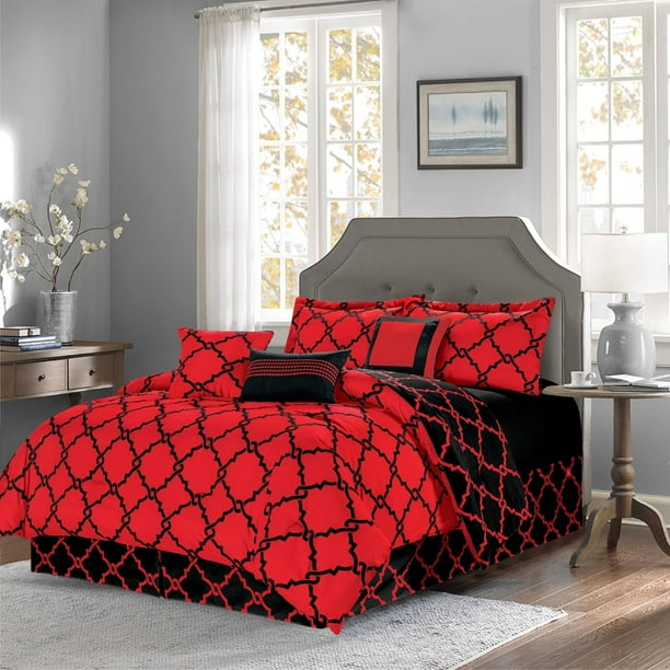 7Piece Reversible Geometric Galaxy Comforter Set Oversized RED King